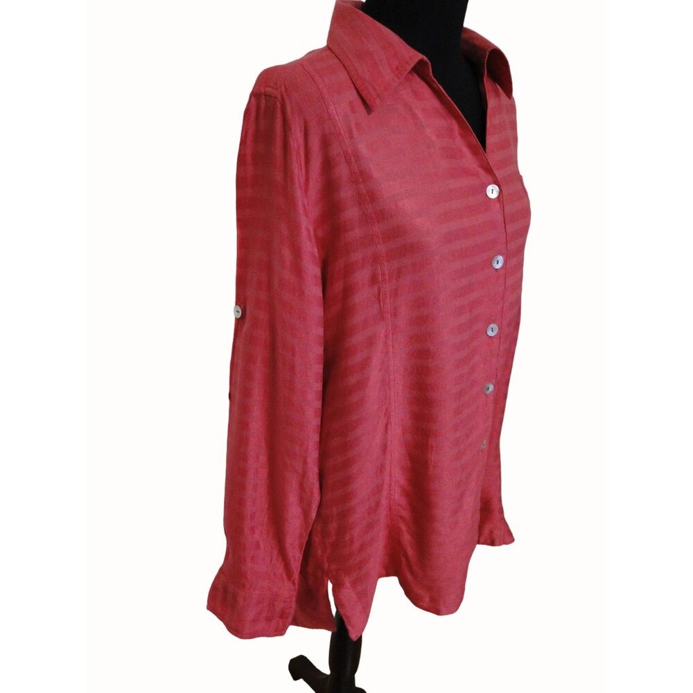 TravelSmith Womens XL Tunic Blouse Pink Button Front Pocket Rayon Linen High Low - Picture 2 of 11